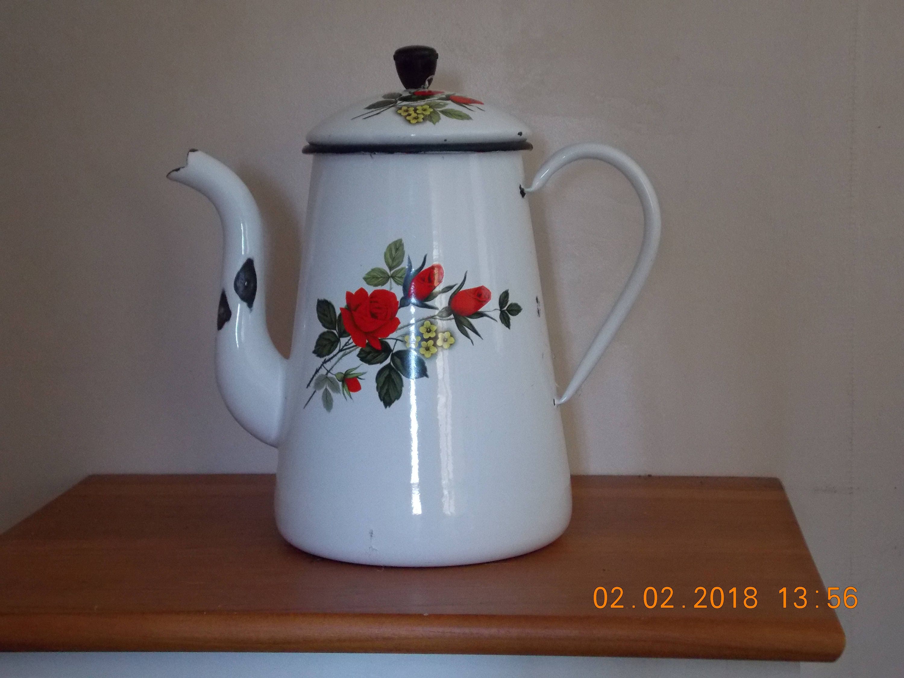 Vintage Français Enamel Coffee Pot avec Fleur Rose Décoration Rétro Décor de Cuisine Chic