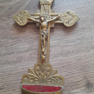 Vintage French crucifix with holy water font  jesus on cross