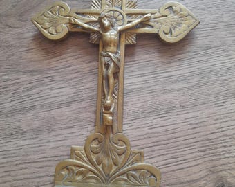 Vintage French crucifix with holy water font  jesus on cross