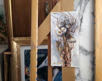 Oil painting on board. Floral composition. Small decorative painting with flowers. Wall decoration. Neutral tones.