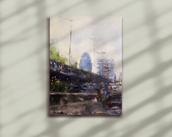 May include: A painting of a city street scene with buildings and cars. The painting is done in a loose, impressionistic style with a focus on light and shadow.