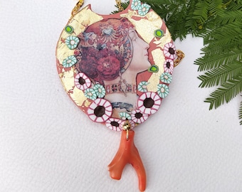 Handmade Alphonse Mucha Coral Pendant Necklace: Art Nouveau Polymer Clay Locket