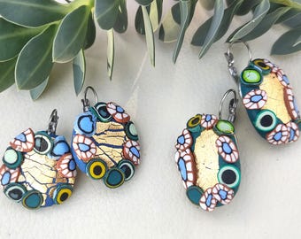 Art Nouveau Gold Foil Earrings, Handmade Polymer Clay Jewelry