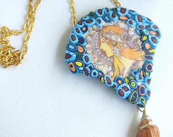Big Art Nouveau necklace Alphonse Mucha handmade jewelry Clay Goddess Locket Pendant Maiden bohemian Edwardian Fleurs Boheme