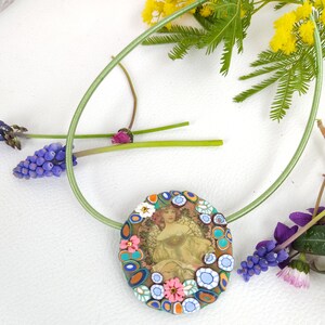 Polymer Ton Halskette Handgemachter Jugendstil Anhänger Mucha style millefiori Schmuck einzigartige Frauen Geschenk