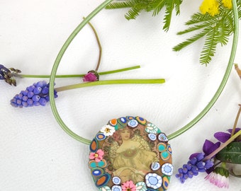 Polymer Ton Halskette Handgemachter Jugendstil Anhänger Mucha style millefiori Schmuck einzigartige Frauen Geschenk