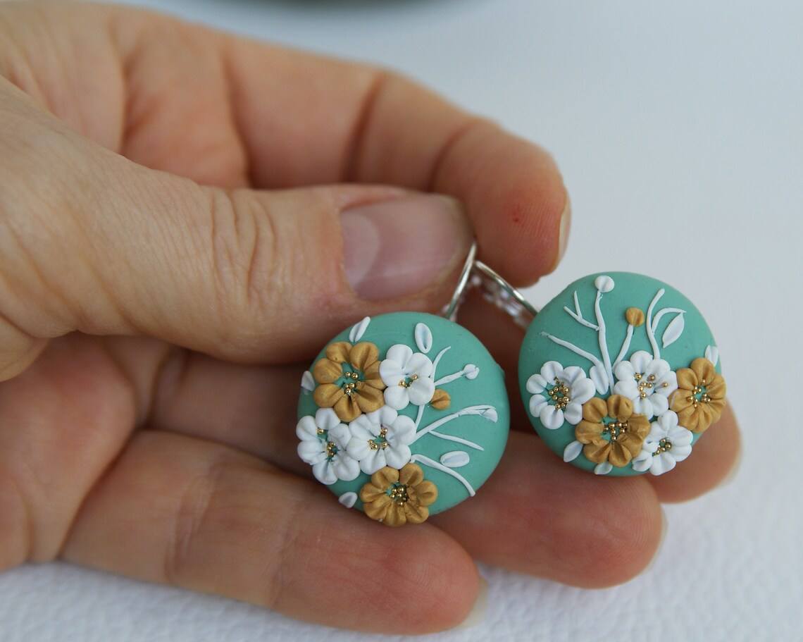 Floral Turquoise Earrings polymer clay filigree applique Etsy