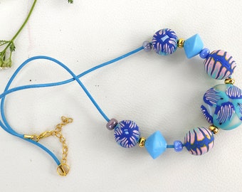 Chunky Polymer Clay Bead Necklace: Turquoise Blue Statement Jewelry