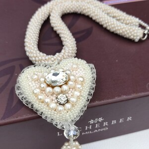 Goddess-inspired necklace Bib Necklace, Marie Antoinette heart with pearl and Swarovski beads and dangles white bride jewellery Victorian