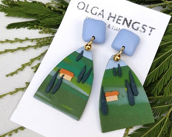 Dangle earrings, Italian Tuscany Landscape, Handmade Polymer Clay Nickel Free  hand sculpted cypresses