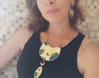 Gold Mosaic Polymer Clay Jewelry Set: Art Nouveau Necklace & Earrings