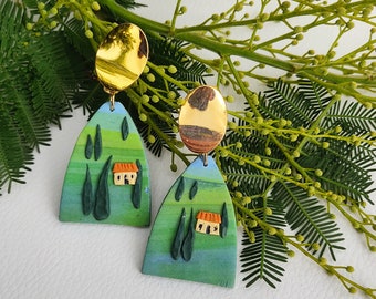 Tuscany 18K Gold Clip-On Dangle Earrings, hand sculpted, polymer clay Italy Landscape earrings, statement, lightweight