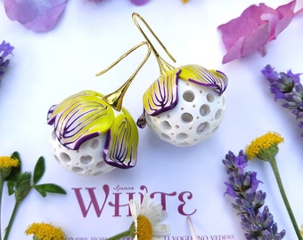 Handmade Polymer Clay Flower Earrings: White Sphere Artisan Jewelry