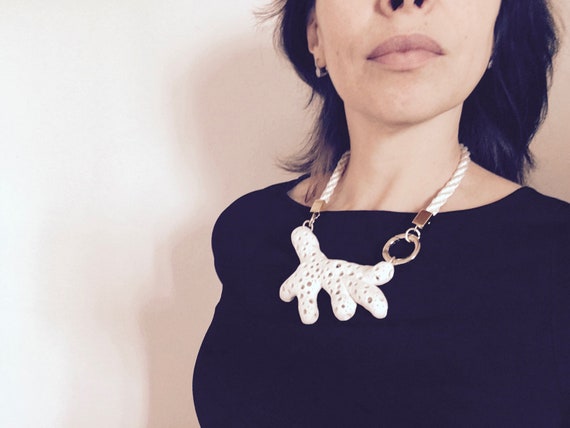 White Coral Necklace polymer clay artwork artisan jewelry wearable art mermaid necklace modern
