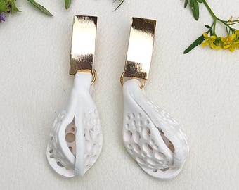 White Floral Polymer Clay Earrings, Gold Plated Art Deco Style