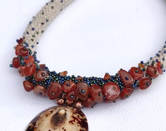Beaded bib necklace with shell and carnelian stones agate mermaid pearl jewelry braun
