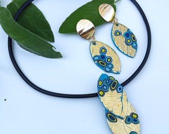 Handmade Polymer clay Jewelry Set -Necklace and 18K gold plated Earrings Gustav Klimt style Gold Leaf, Art nouveau bridesmaid gift