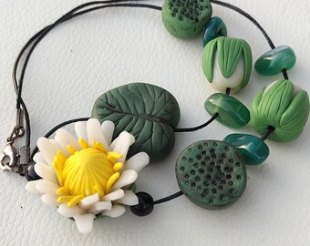 Water Lily Necklace – Hand-Sculpted Polymer Clay Art Jewelry with Green Agate Beads