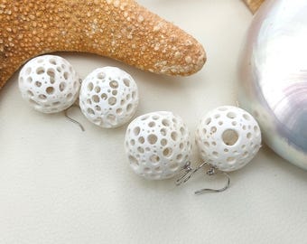 White round earrings made of polymer clay handmade Silver hooks OOAK earrings