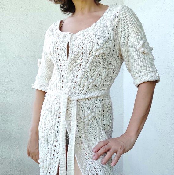 Massimo Dutti, Vintage Massimo Dutti Ivory Cotton Knit Coatigan | Cable Knit Belted Sweater Coat | Designer Boho Luxe Cardigan Cottagecore Statement Piece