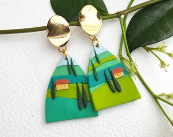 Handmade Polymer Clay Clip-On Earrings, 18K Gold, Tuscany Landscape