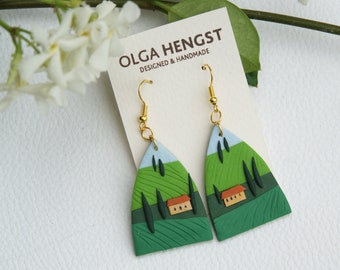 Tuscany Dangle Earrings Handmade from Polymer Clay, Italian Landscape, Nickel Free Steel, hand molded, hand sculpted