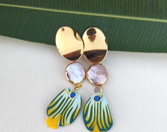 Handmade Clip-On Dangle Earrings, Baroque Pearl & Polymer Clay Fish, 14K Gold Plated