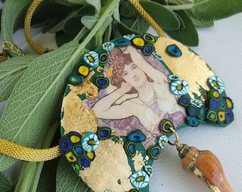 Alphonse Mucha Necklace Pendant Art Nouveau Boho Bohemian Vintage Jewellery Polymer Clay Art Nouveau Locket handmade