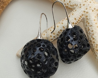 Black round earrings handcrafted polymer clay Silver hooks OOAK artisan earrings