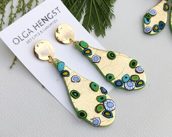 Long Drop Earrings Gustav Klimt style jewelry Unique Clay Earrings 18K gold plated steel Christmas gift for women