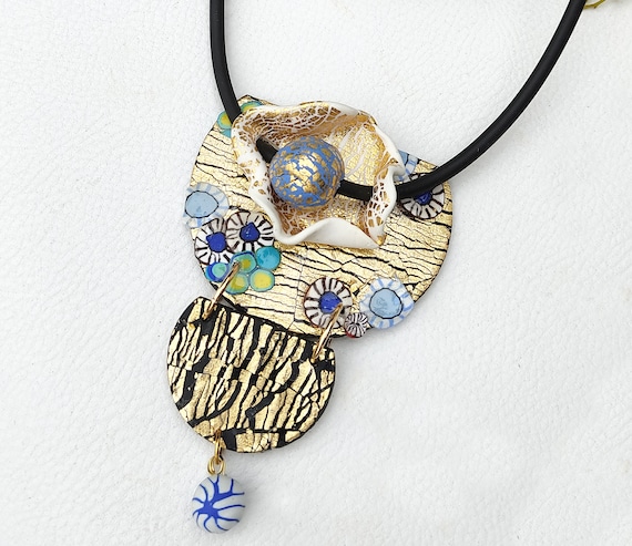 Klimt art nouveau necklace polymer clay necklace gold flowers Statement Bridal Jewelry Gustav Klimt art bijoux art deco venetian necklace
