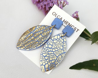 Light blue leaf dangle drop earrings, statement large earrings, lightweight beautiful handmade jewelry for her