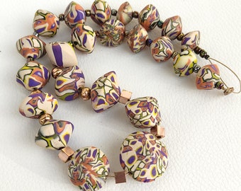 Ivory statement polymer clay large beads necklace, chunky beads necklace terracotta, violet