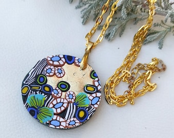 Round necklace pendant with mosaic and gold handmade polymer clay gift for girlfriend, wife and mother
