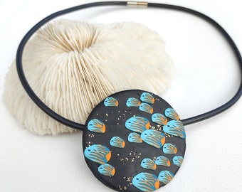 Black Pendant Necklace with bright tropical fish, hand made from Polymer clay, magnetic clasp
