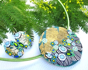 Gold Mosaic Statement Necklace Earrings Set Handmade Polymer Clay Jewelry Modern Art Pendant Turquoise Millefiori Necklace Unique Gift