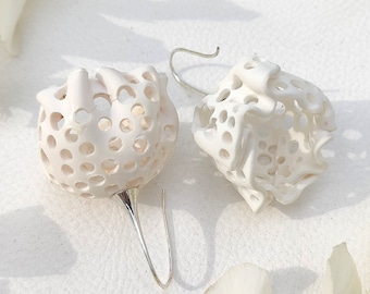 White wedding jewellery floral dangle earrings, statement earrings, clay  lightweight hypoallergenic boho earrings silver large hook big