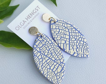 Gold Blue lief dangle earrings Large Leaf jewellery Modern handmade Jewellery Art Deco art Nouveau beauty wedding