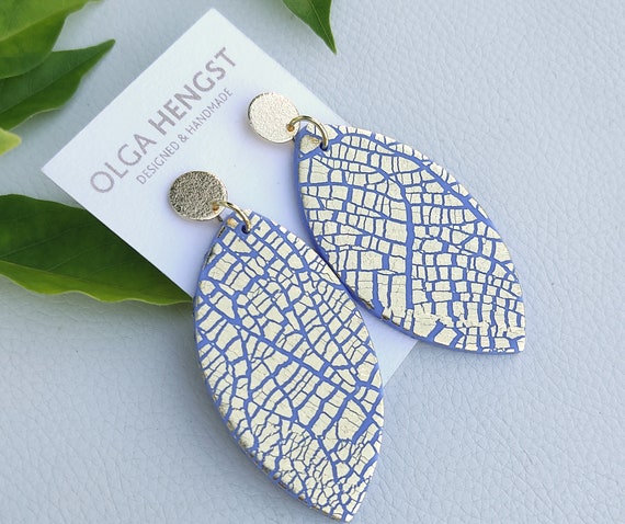 Gold Blue lief dangle earrings Large Leaf jewellery Modern handmade  Jewellery Art Deco art Nouveau beauty wedding