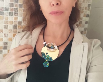 Gustav Klimt Inspired Polymer Clay Necklace, Gold Art Nouveau Jewelry