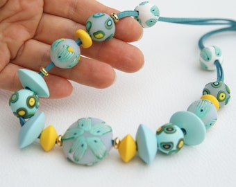Polymer Clay Beaded Necklace, Turquoise Leather Cord, Handmade Jewelry