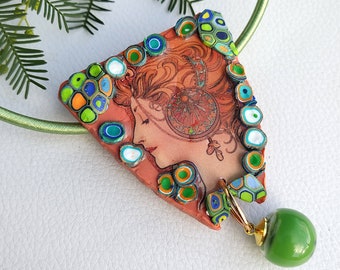 Art Nouveau Pendant Necklace Alphonse Mucha, Goddess Locket Pendant Maiden bohemian, vintage