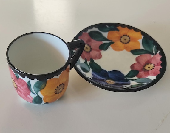 Vintage Schramberg SMF Hand-painted Cup & Saucer – Floral Majolica