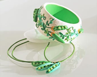 Handgemachte Polymer Clay Manschette Armband: Grüne Erbse Filigran hand geformte Schmuck