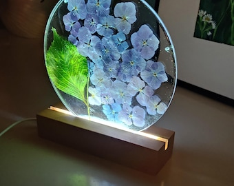 Butterfly Epoxy Resin Lamp with Flowers, Wood LED Night Light