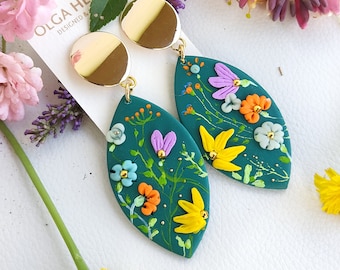 Turquoise dangle earrings, Statement earrings, Girlfriend gift, Hand painted, Green earrings, Gift for her, floral, wildflowers