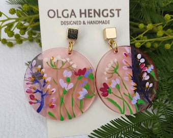 Pink transparent Summer flowers earrings, statement dangle earrings, lightweight 18K Gold plated hypoallergenic boho earrings