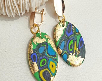 Teardrop Polymer Clay Earrings, 18k Gold Plated Latch, Mokume Gane Style