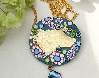 Round necklace pendant with mosaic and gold handmade polymer clay gift for girlfriend, wife and mother