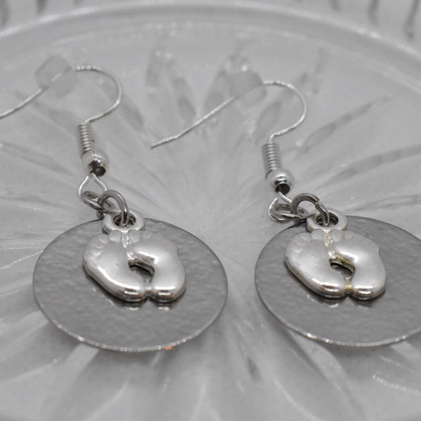 Footprint Earrings - Pro Life Earrings - Mama Earrings - Hammered Metal Earrings